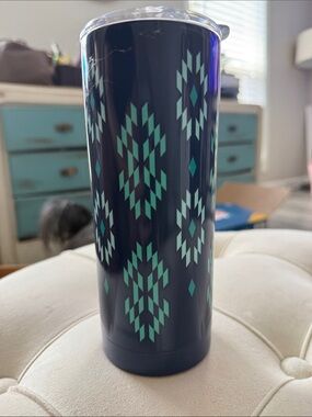 Navy Blue Geometric Travel Tumbler with Mint Pattern - Insulated Cup